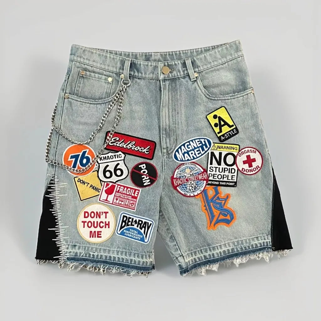 Light-wash denim short y2k with retro blue streetwear patchwork and black side panels for casual hip hop style