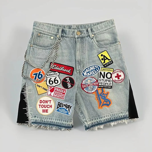 Light-wash denim short y2k with retro blue streetwear patchwork and black side panels for casual hip hop style