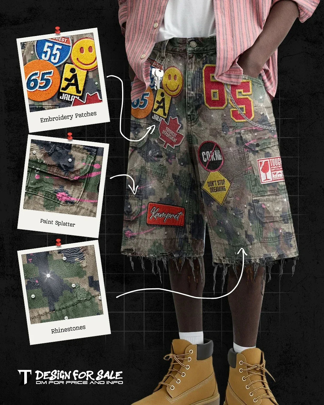 Retro blue streetwear distressed denim short y2k with colorful patches paint splatter and rhinestone accents for casual wear