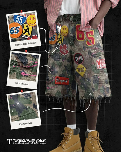 Retro blue streetwear distressed denim short y2k with colorful patches paint splatter and rhinestone accents for casual wear