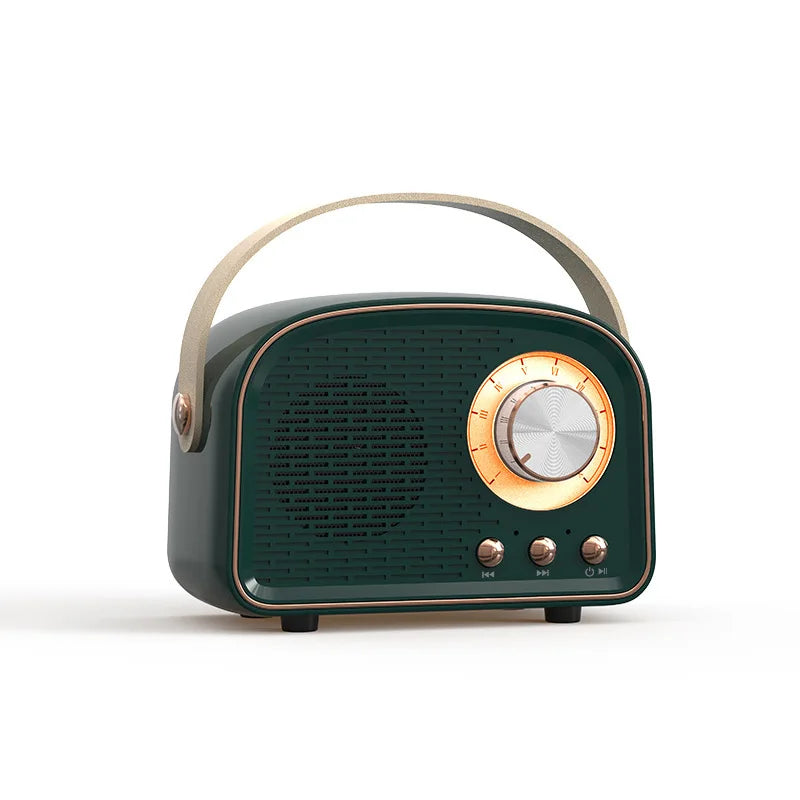 Dark green retro bluetooth-compatible speaker with gold-tone dial and handle tws music player hifi stereo mini speaker