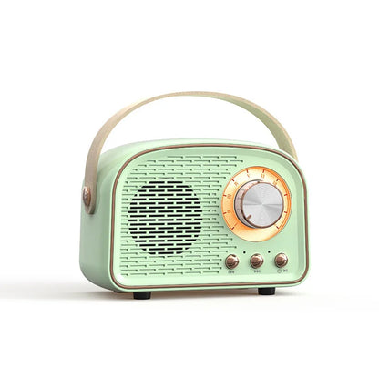 Mint green retro bluetooth-compatible speaker with beige handle and copper dial, tws music player hifi stereo features