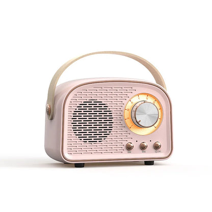 Pink retro-style bluetooth-compatible speaker with beige handle and gold dial featuring tws music player hifi stereo