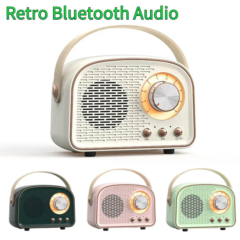 Cream-colored retro bluetooth-compatible speaker with woven handle gold-tone rotary dial tws music player hifi stereo