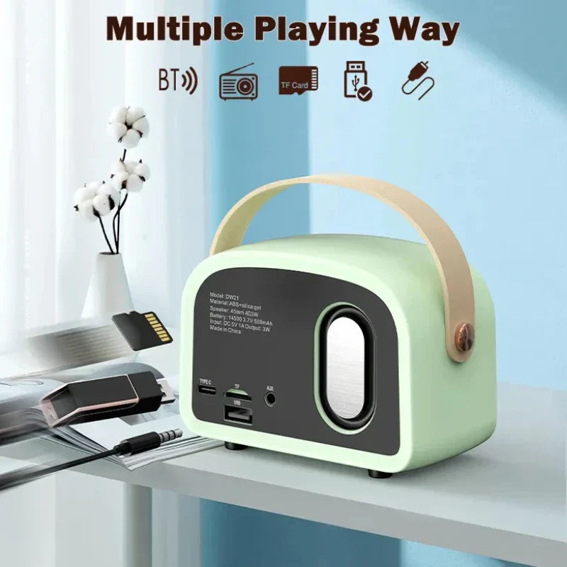 Mint green retro bluetooth-compatible speaker with beige leather handle and black control panel tws music player hifi stereo