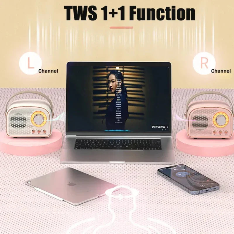 Retro bluetooth-compatible speaker pastel pink and cream with circular gold-tone dials and tws music player hifi features