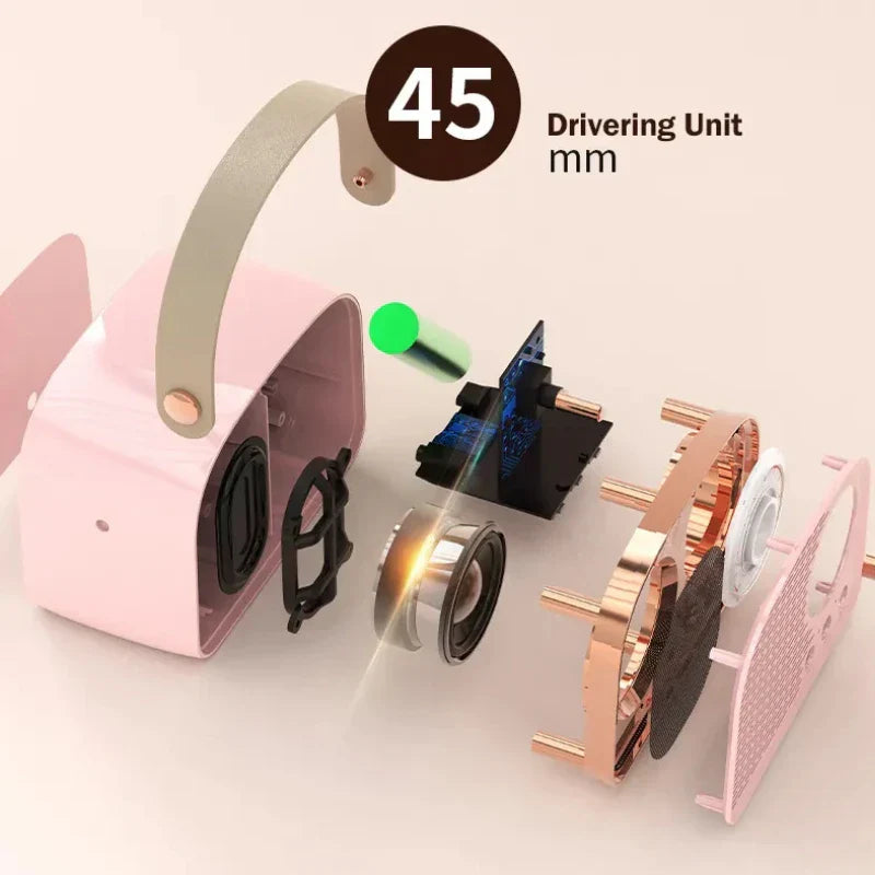 Pink and rose gold vr headset with beige strap showing internal 45mm drivers for bluetooth-compatible speaker tws music player hifi