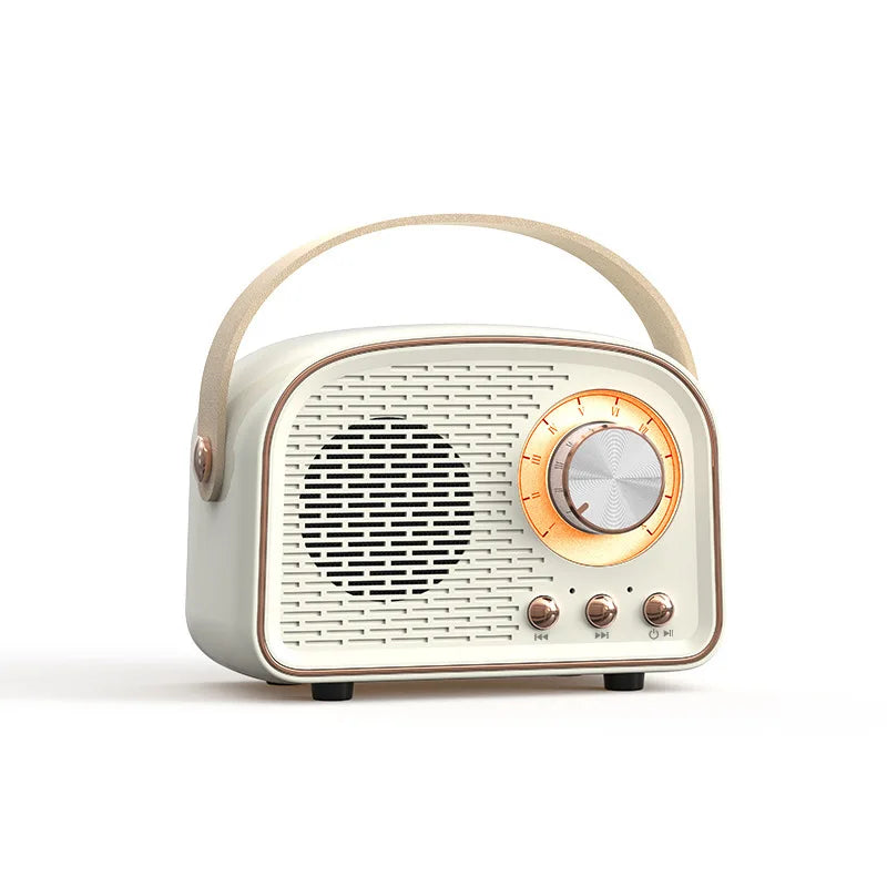 Cream-colored retro bluetooth-compatible speaker with gold-accented dial and leather handle featuring tws music player hifi