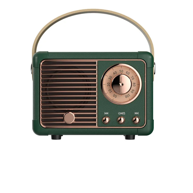 Vintage-style green portable bluetooth speaker with rose gold dial and accents ideal as altavoz bluetooth for outdoor use