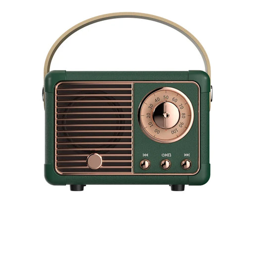 Vintage-style green portable bluetooth speaker with rose gold dial and accents ideal as altavoz bluetooth for outdoor use