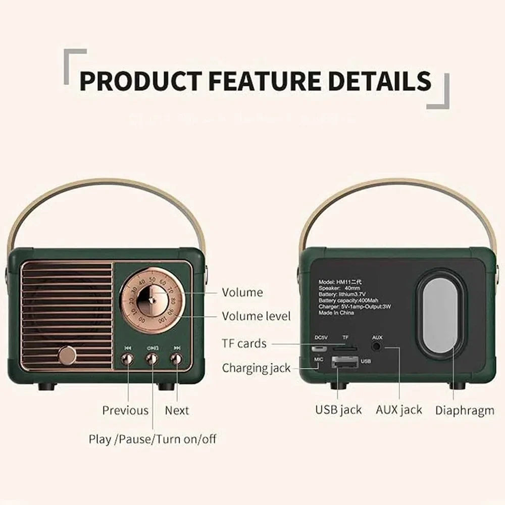 Vintage-style green retro bluetooth speaker with brass rotary dial usb and aux inputs portable outdoor altavoz bluetooth