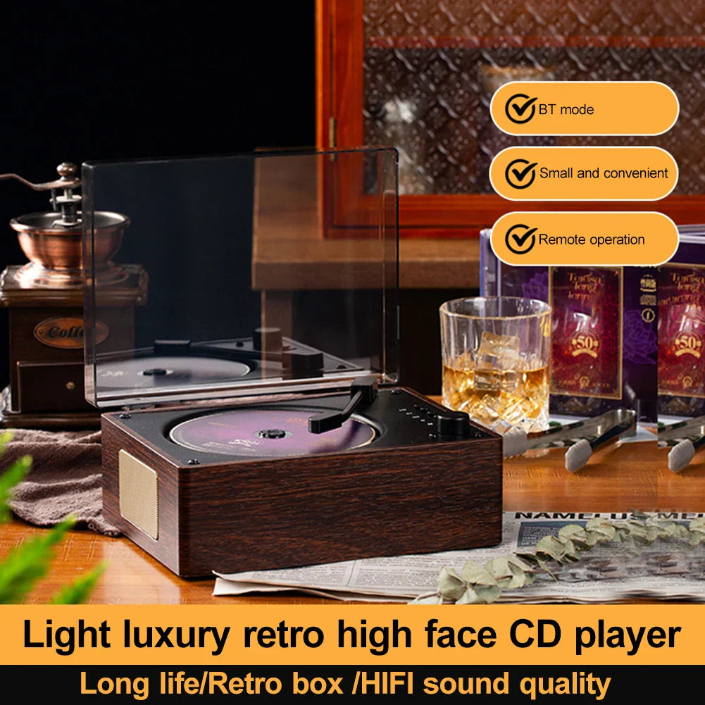 Dark wood-finish retro cd player with transparent lid rechargeable wireless Bluetooth music player USB portable speaker
