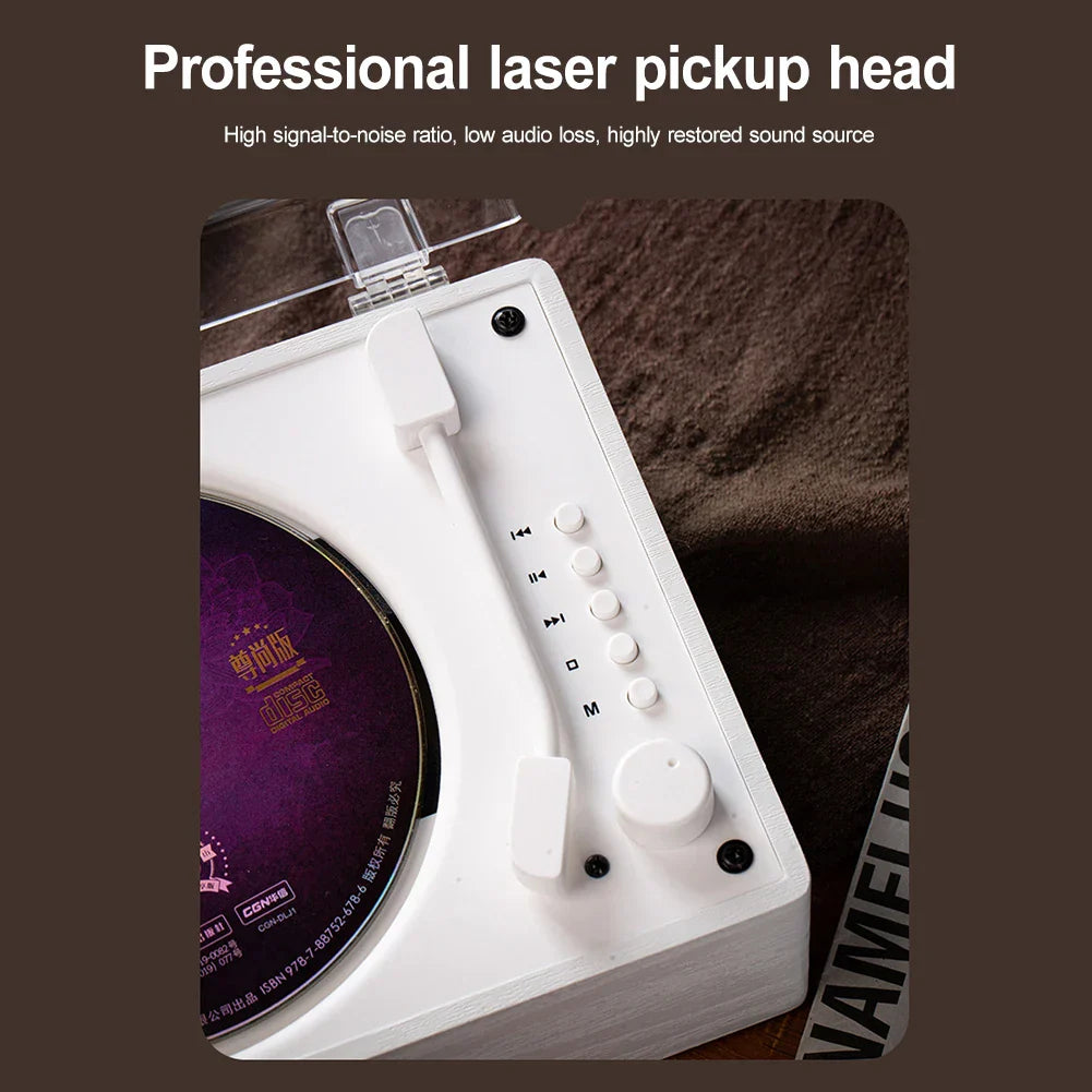 White rectangular retro cd player with purple cd and control buttons rechargeable wireless bluetooth music player usb