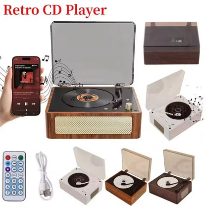 Wood-grain finished retro desktop cd player with vinyl turntable and wireless bluetooth home music player speaker