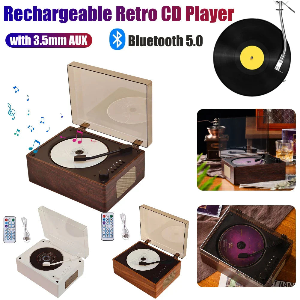 Rechargeable wireless bluetooth retro cd player with wooden finish vintage turntable design and music player usb connectivity