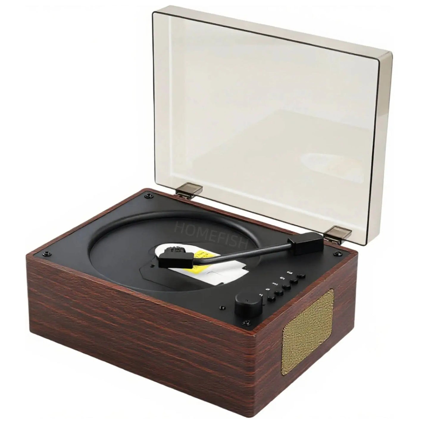 A compact retro cd player with wood-grain finish, transparent lid, rechargeable wireless bluetooth, and music player usb features