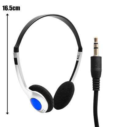 Silver and black retro classic headset with blue accent foam padding and 3.5mm jack for music mp3 walkman use