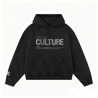 Black hoodie with for the culture printed in silver rhinestones on chest in retro fashion hoodies loose american personalized style