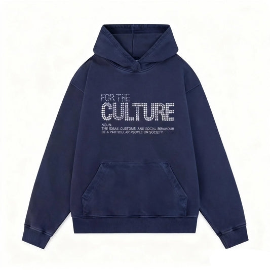 Navy blue retro fashion hoodies featuring loose american personalized fit and for the culture rhinestones trendy streetwear design