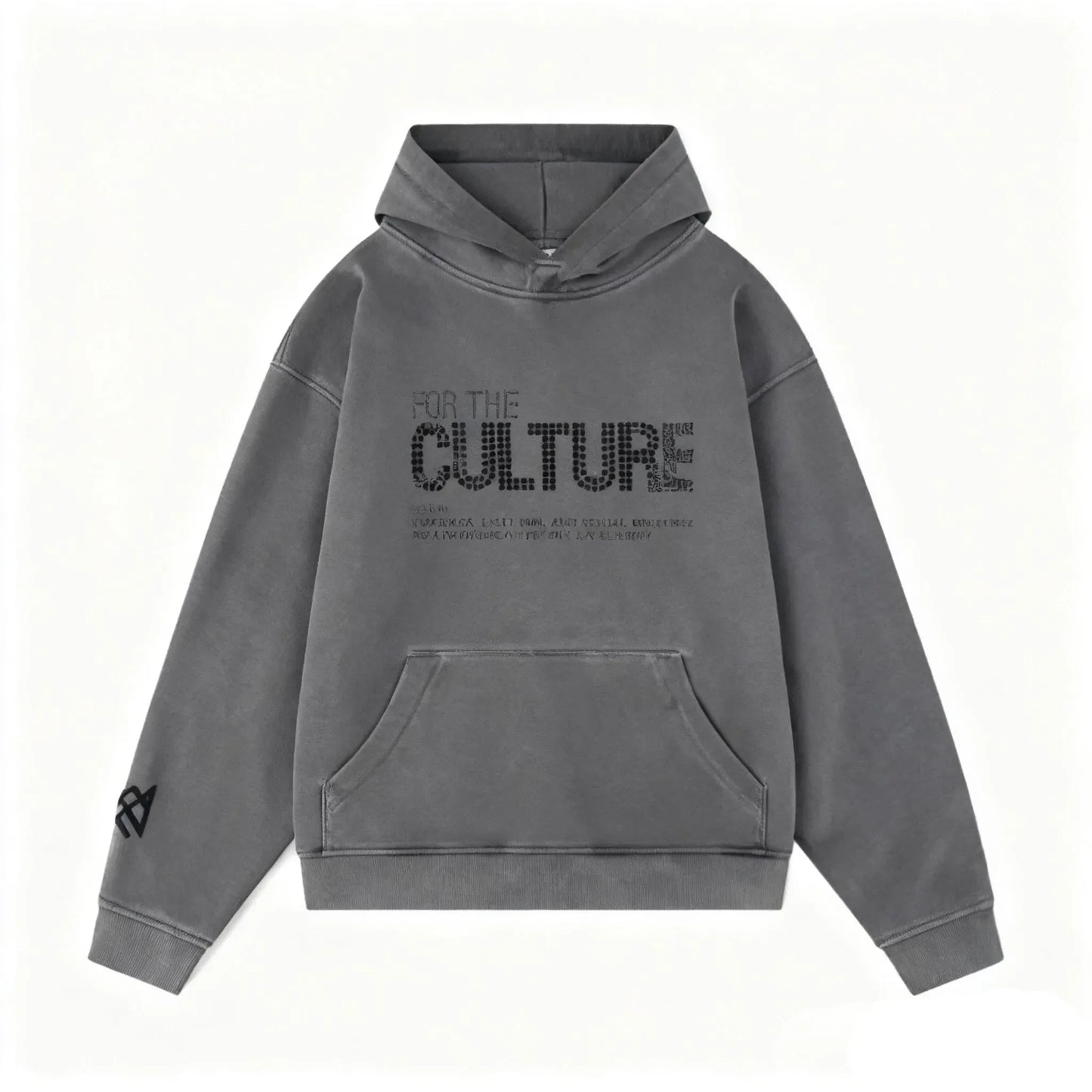 Gray retro fashion hoodies with faded distressed look and bold black for the culture text featuring rhinestones trendy streetwear