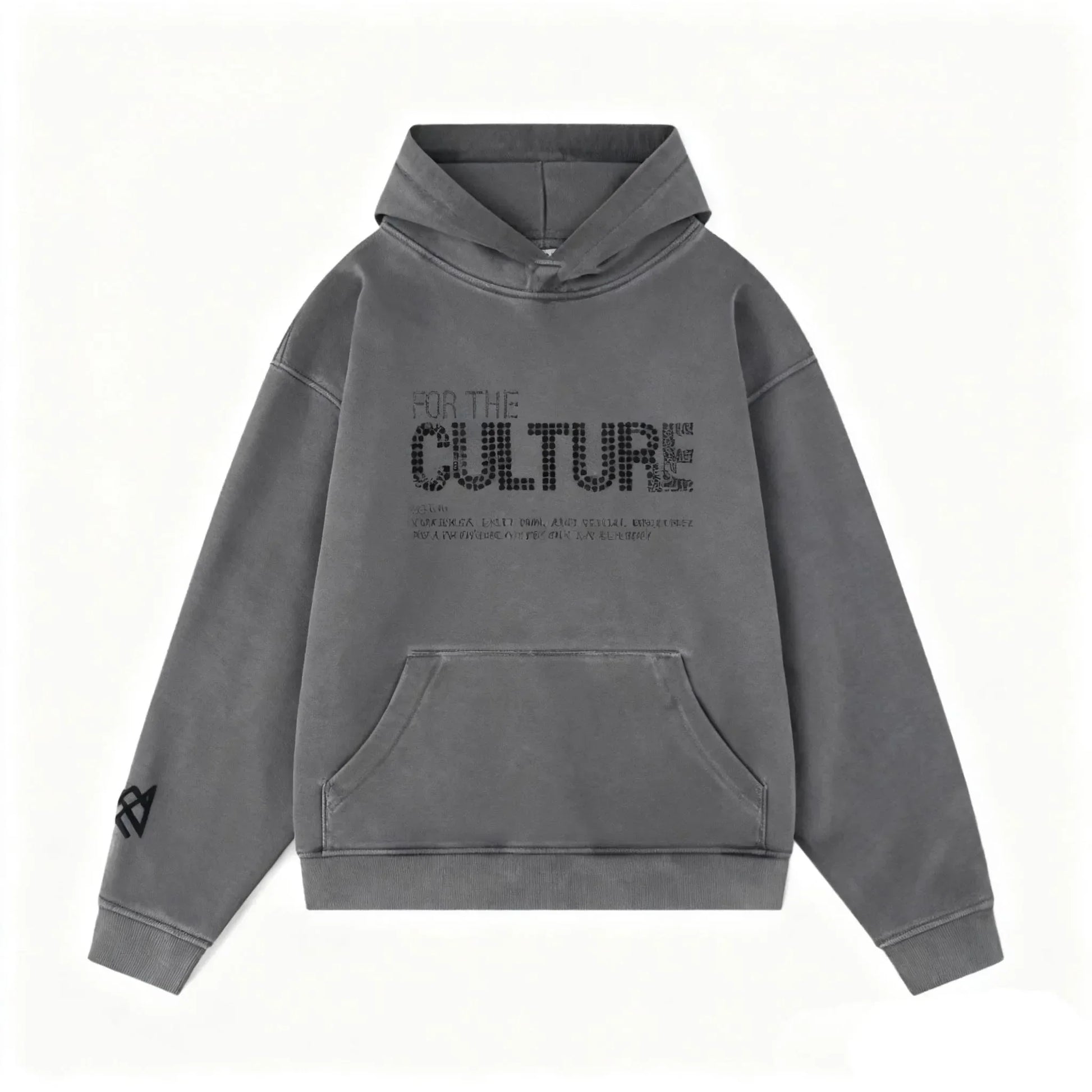Gray retro fashion hoodies with faded distressed look and bold black for the culture text featuring rhinestones trendy streetwear