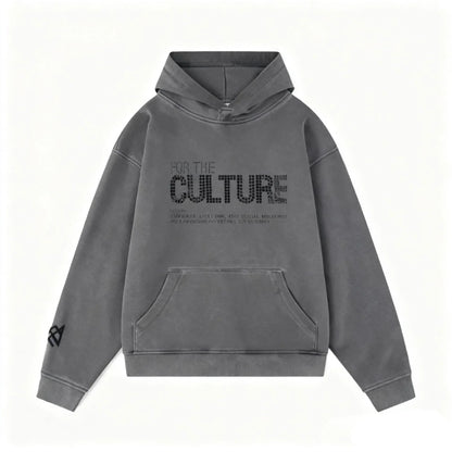 Gray retro fashion hoodies with faded distressed look and bold black for the culture text featuring rhinestones trendy streetwear