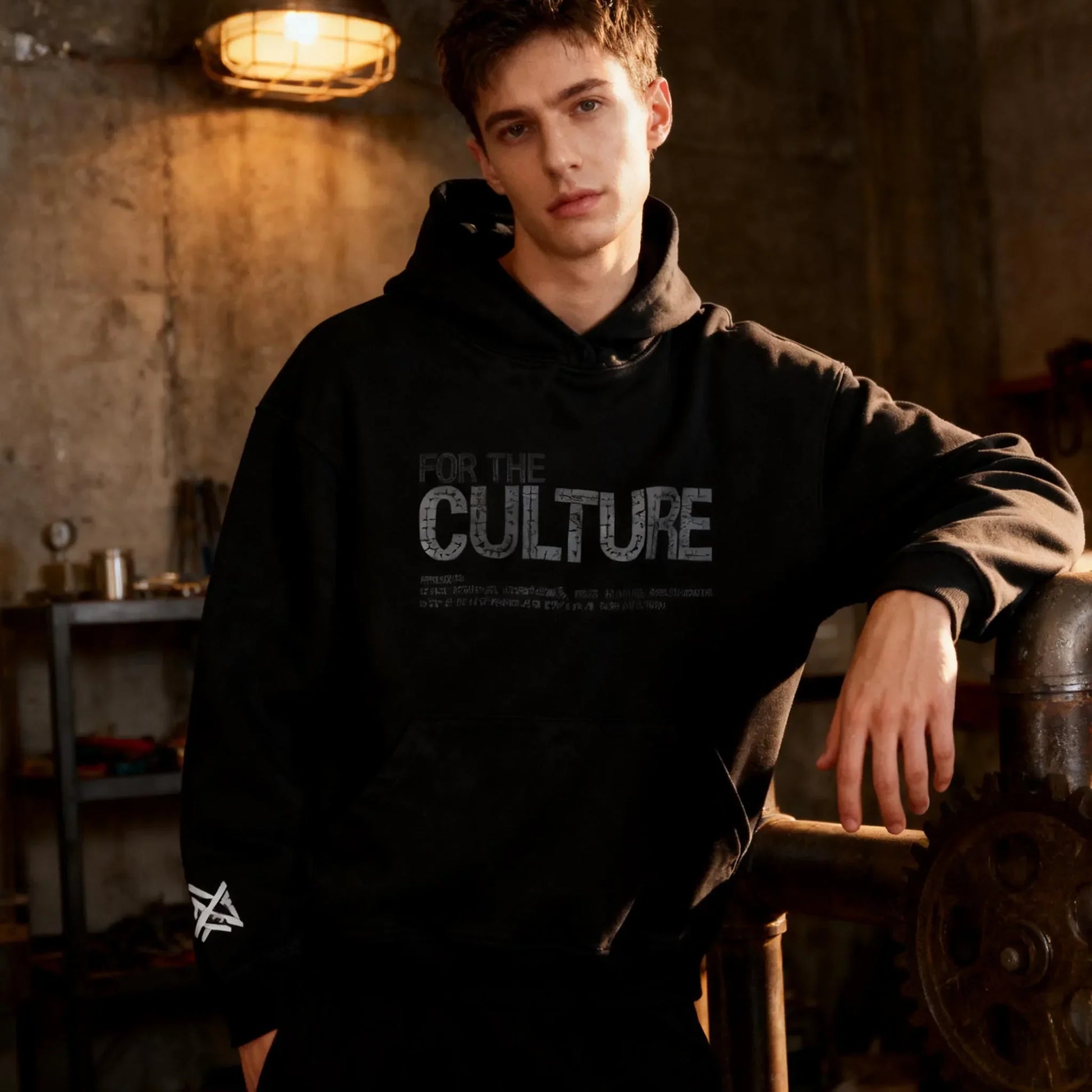 Black hoodie with for the culture print and sleeve logo featuring rhinestones trendy streetwear in retro fashion hoodies style