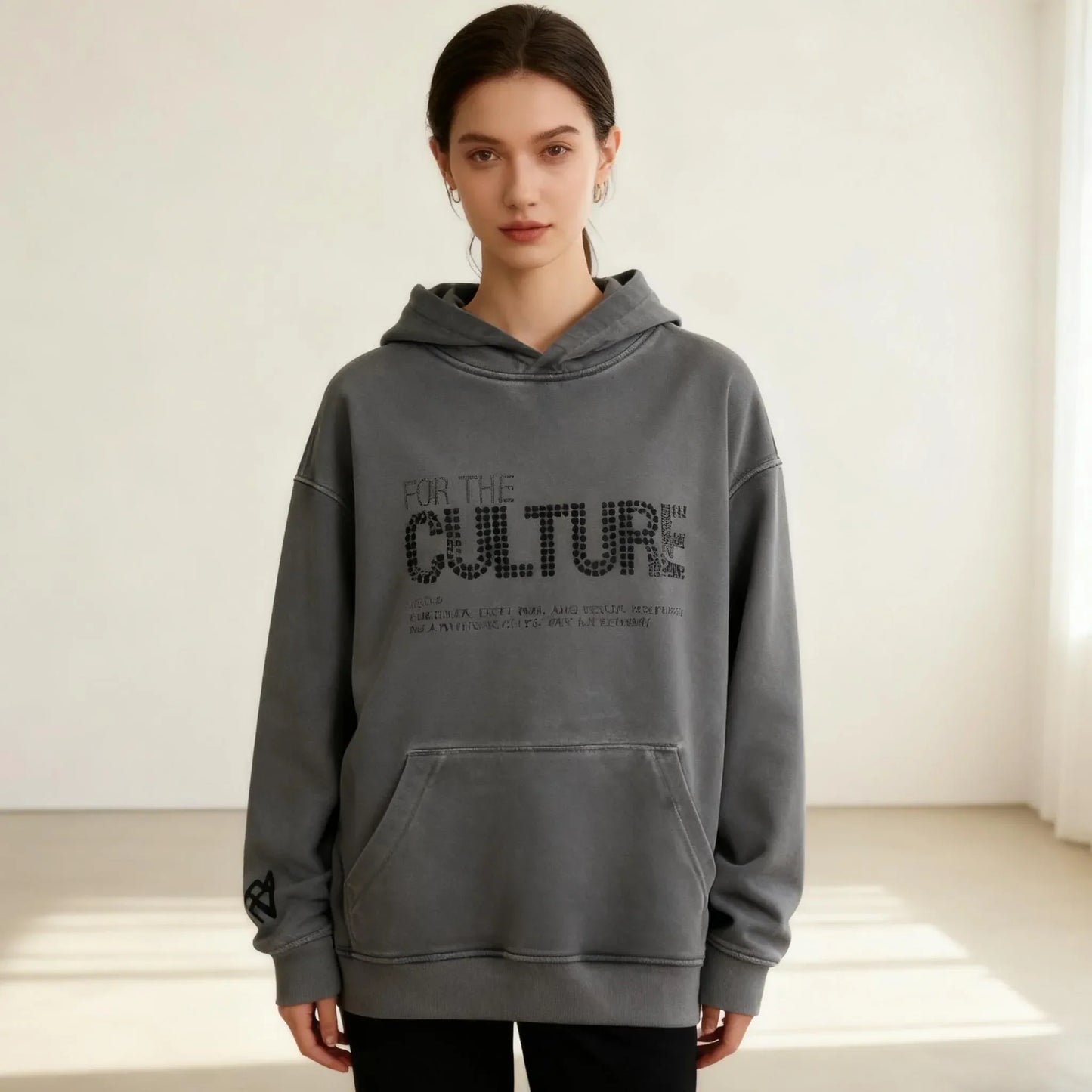 Gray oversized retro fashion hoodie with for the culture black sequins rhinestones trendy streetwear design