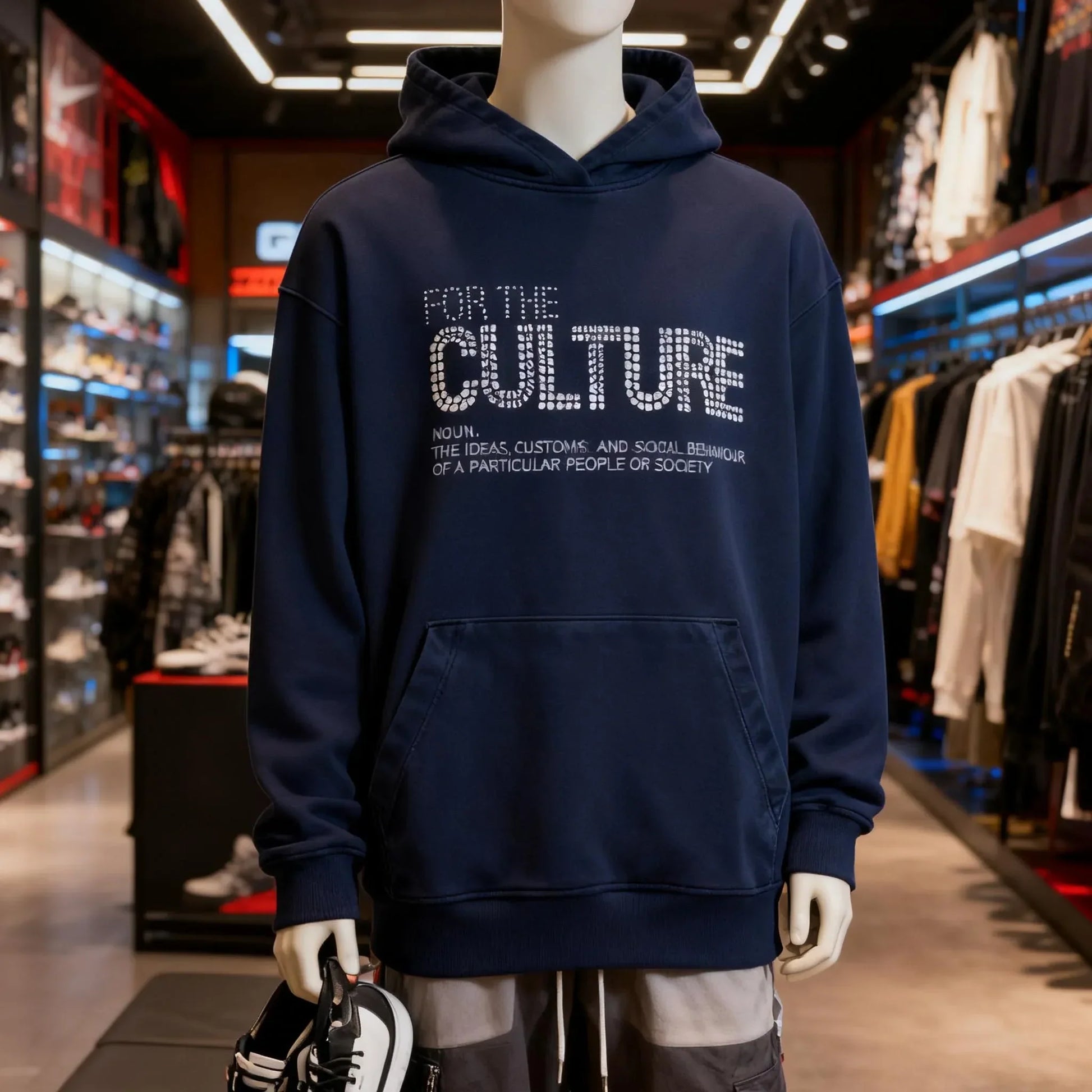 Navy blue retro fashion hoodie with for the culture print, front pocket, hood, and rhinestones trendy streetwear design