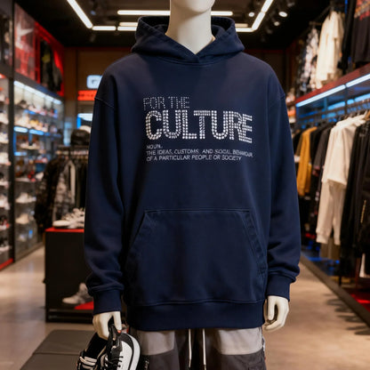 Navy blue retro fashion hoodie with for the culture print, front pocket, hood, and rhinestones trendy streetwear design