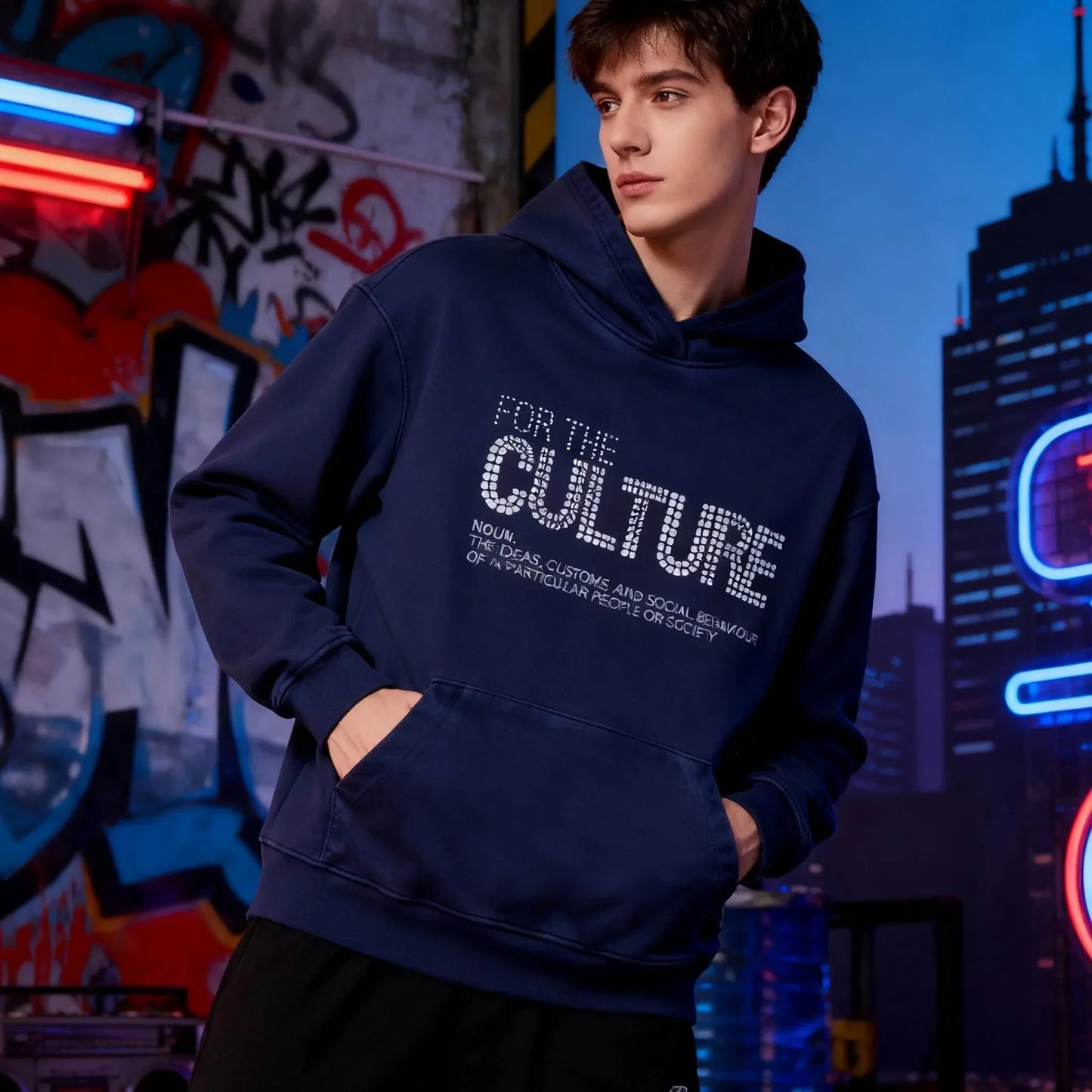 Navy blue retro fashion hoodie with for the culture print and rhinestones loose american personalized streetwear