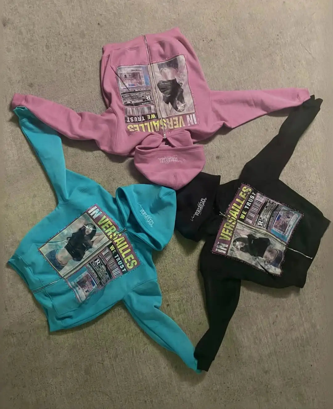 Pink teal and black pattern hoodie y2k with newspaper graphic in versailles we trust for women loose casual wear