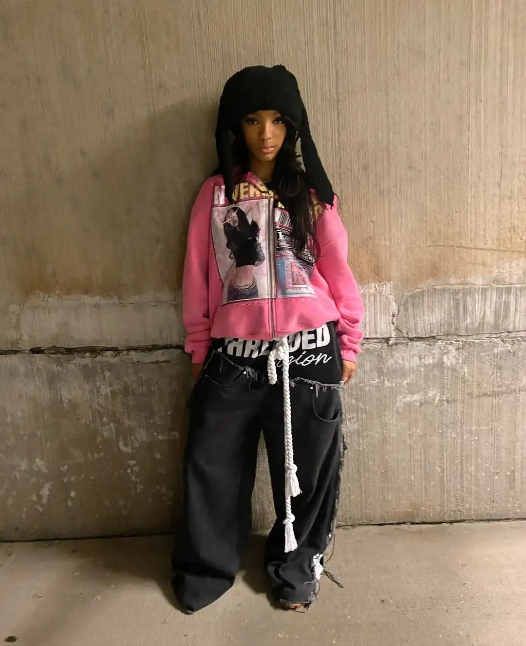 Pink pattern hoodie y2k with graphic print and black pants featuring white rope drawstring for women loose casual wear