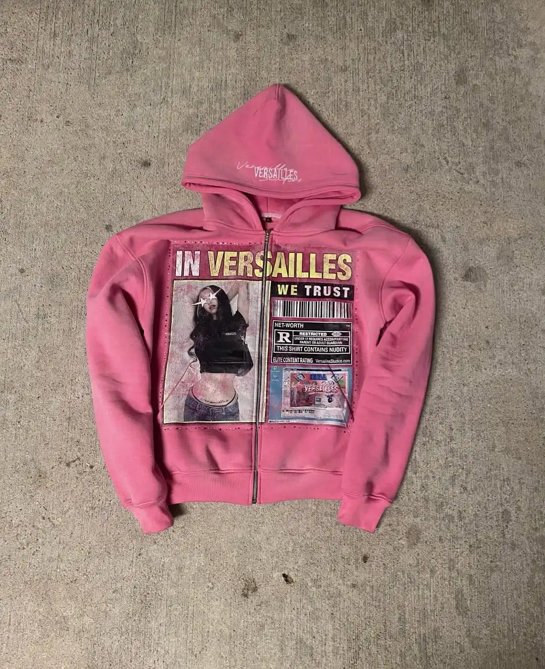 Pink zip-up pattern hoodie y2k with graphic print and collage design for women loose casual y2k gothic streetwear