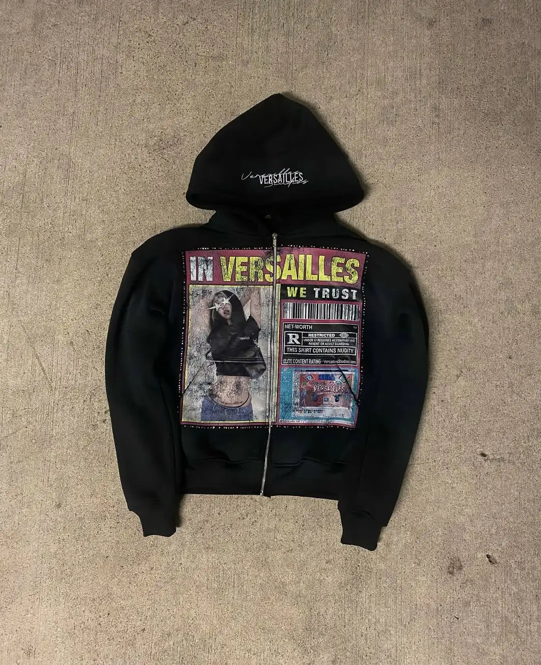 Black zip-up pattern hoodie y2k with bold graphic print and versailles branding on hood for women loose casual wear