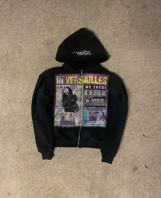 Black zip-up pattern hoodie y2k with bold graphic print and versailles branding on hood for women loose casual wear