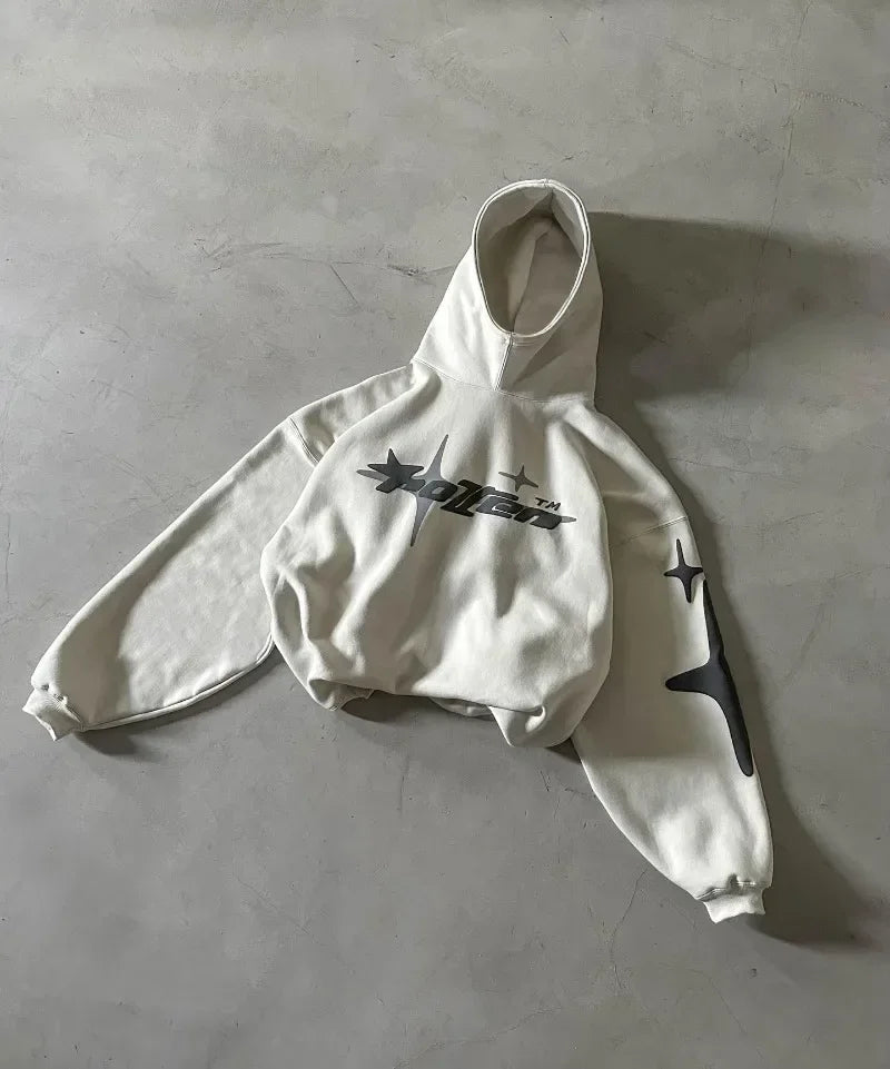 White oversized hoodie with black star and xollen logo graphics retro gothic men street trendy2k harajuku sweatshirt