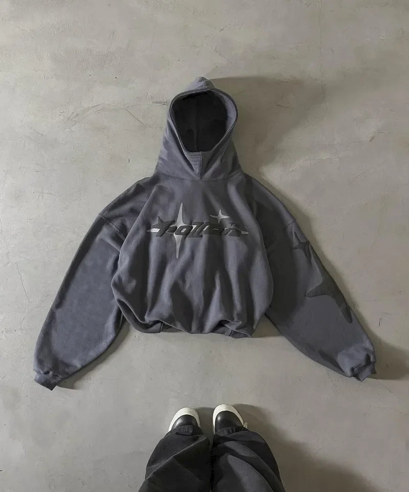 Gray cropped hoodie with faded black tall graphic and stars made from soft cotton in retro gothic men street trendy2k harajuku style