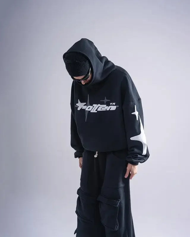 Black oversized retro gothic men hoodie with white star and tollten logo print for street trendy2k harajuku style