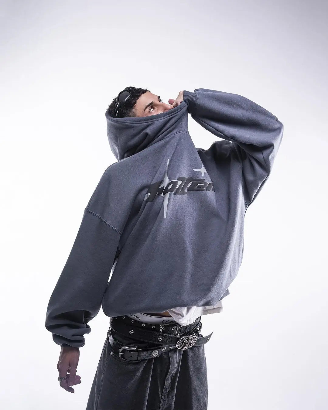 Dark gray oversized hoodie with bold black and white graphic logo for retro gothic men street trendy2k harajuku style