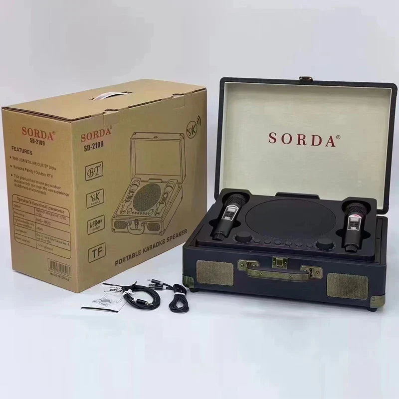 Black sorda sd2108 portable bluetooth outdoor suitcase karaoke speaker set with two microphones for home theater ktv use