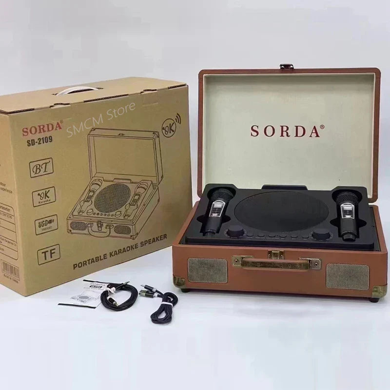 Brown leatherette sorda portable karaoke speaker with built-in turntable and two microphones in vintage outdoor suitcase karaoke home theater ktv microphone speakers sd2109