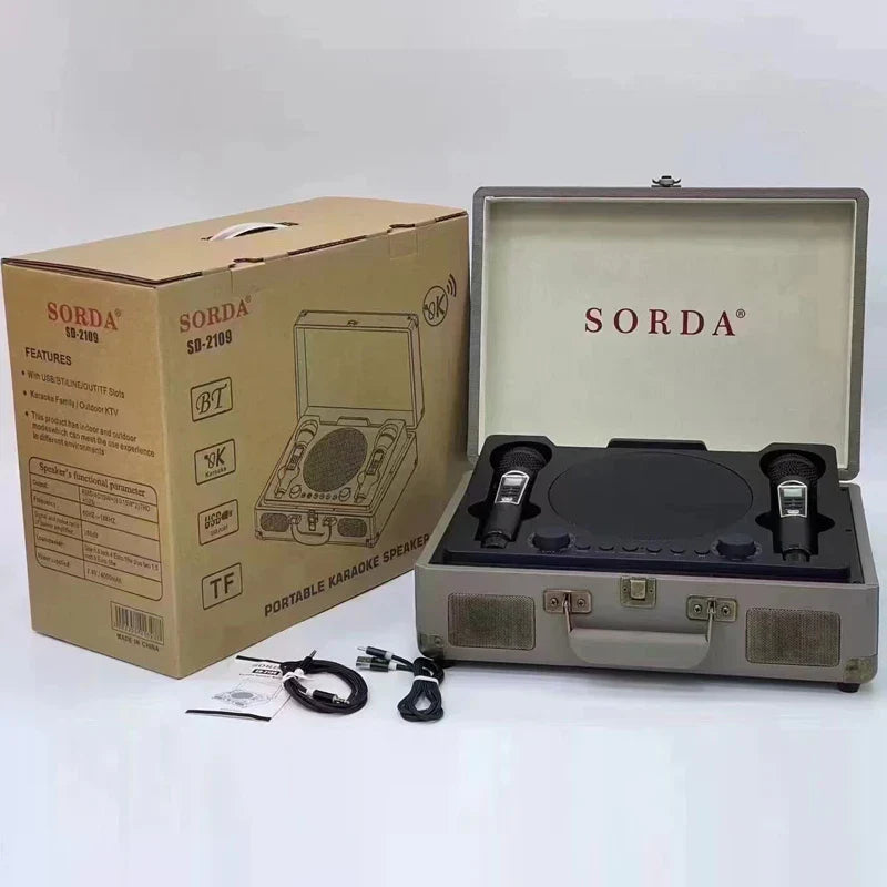 Sorda sb-2109 portable home theater ktv speaker system in gray vintage suitcase with built-in microphone speakers sd2109