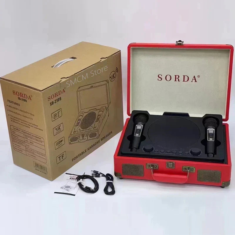 Red vintage-style suitcase containing a sorda portable bluetooth home theater ktv outdoor suitcase karaoke microphone speakers sd2109