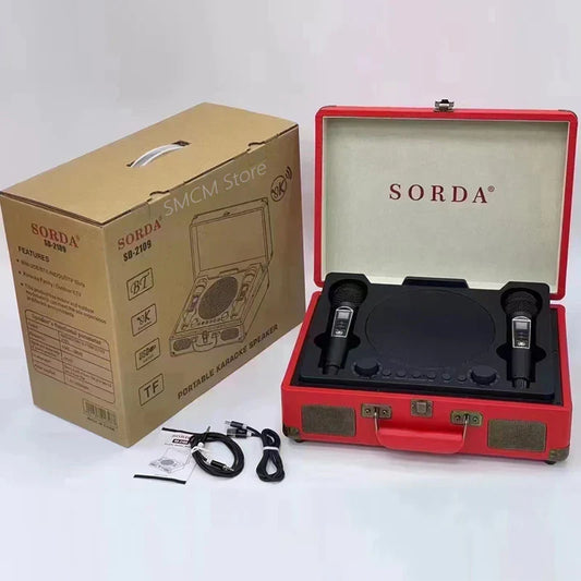 Red vintage-style suitcase containing a sorda portable bluetooth home theater ktv outdoor suitcase karaoke microphone speakers sd2109