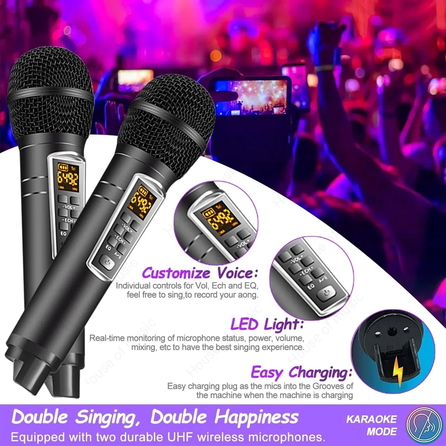 Black wireless microphone speakers SD2109 with digital display and control buttons for home theater KTV and outdoor suitcase karaoke
