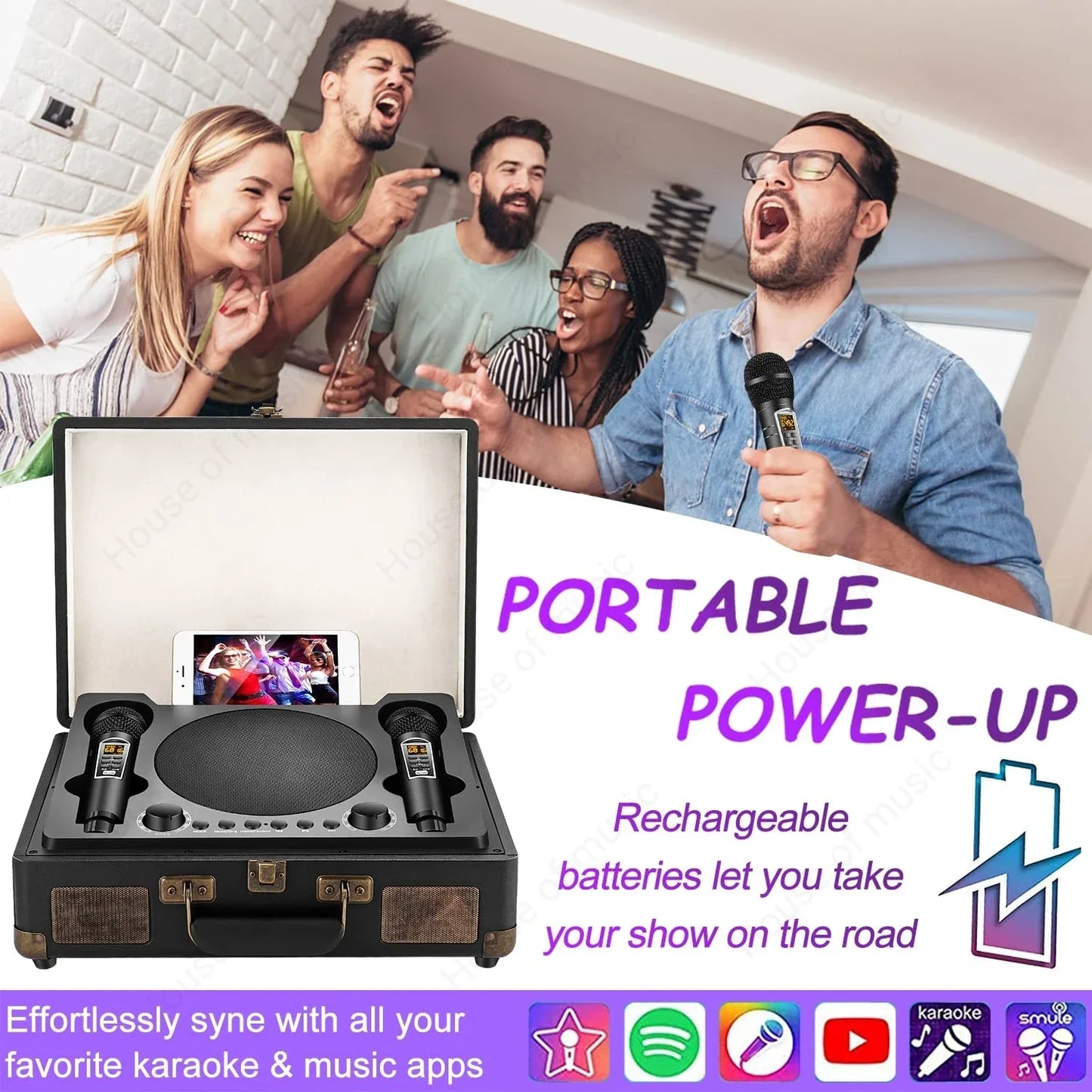 Black portable retro bluetooth speaker with two microphones and built-in speaker for outdoor suitcase karaoke and home theater ktv