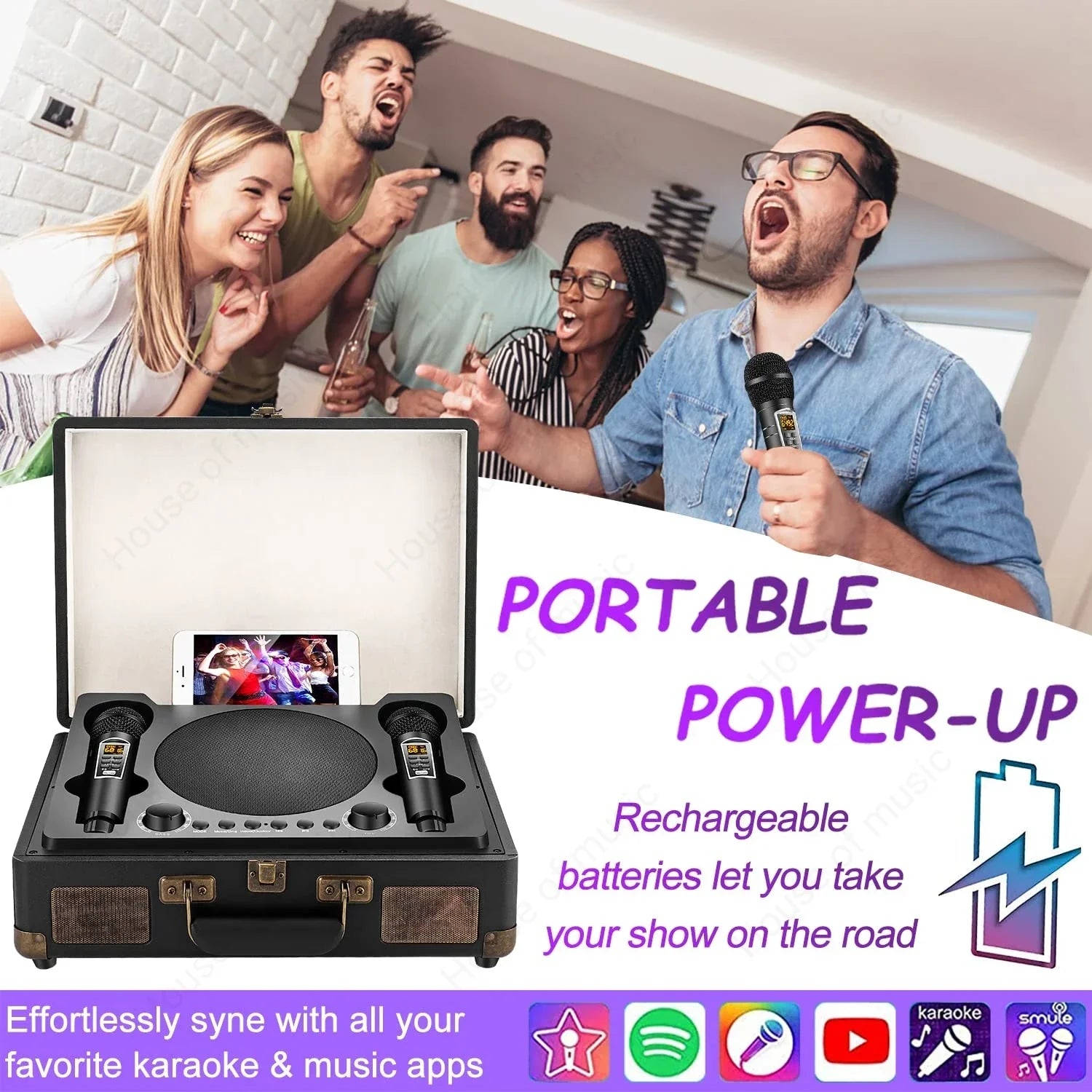 Black portable retro bluetooth speaker with two microphones and built-in speaker for outdoor suitcase karaoke and home theater ktv