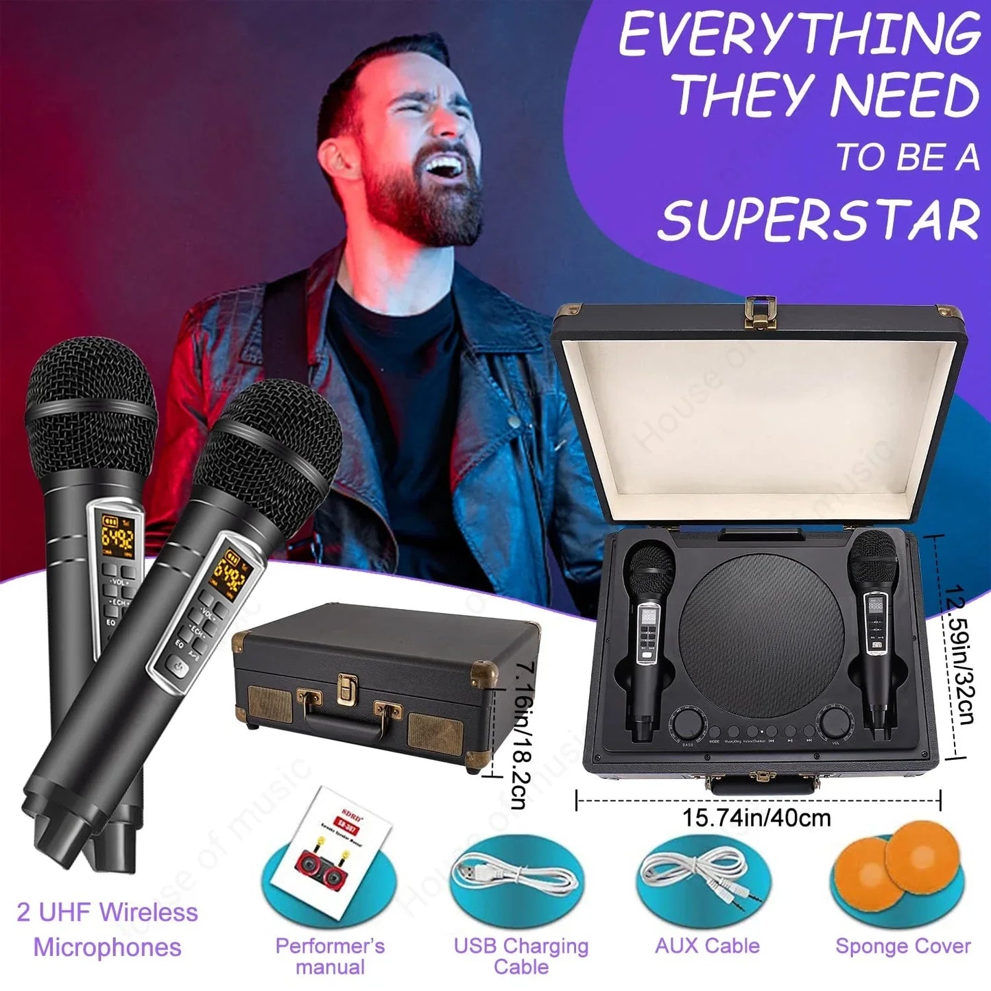Black wireless microphone speakers sd2109 with digital display and gold accents in vintage outdoor suitcase karaoke case for home theater ktv