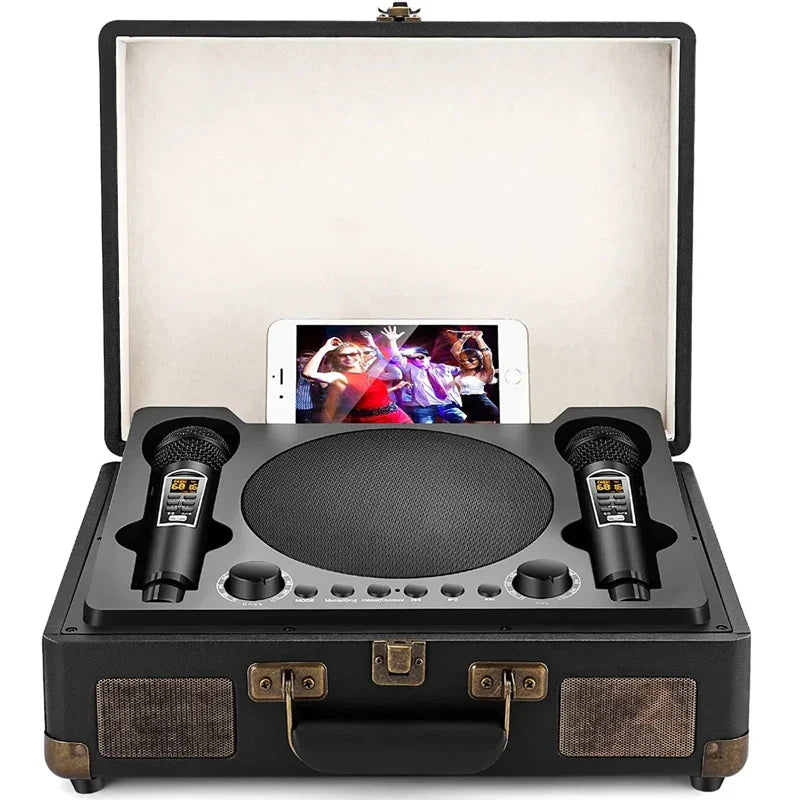 Black vintage-style portable home theater ktv outdoor suitcase karaoke microphone speakers sd2109 with two microphones and built-in speaker